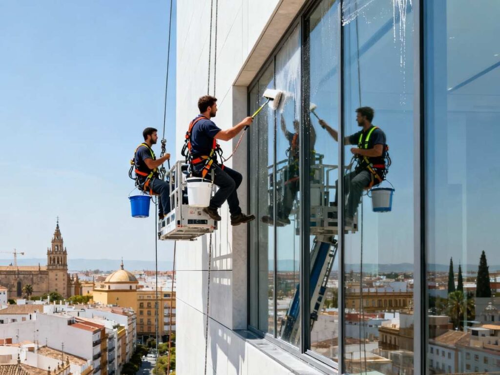 Limpieza de cristales en altura en Sevilla, operario descolgados en un andamio en la fachada
