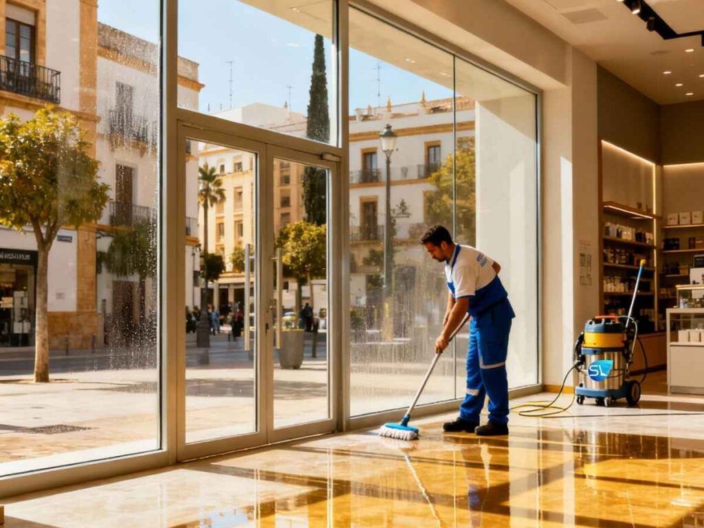 Limpieza de locales comerciales en Sevilla, operario realizando la limpieza de un local en Sevilla