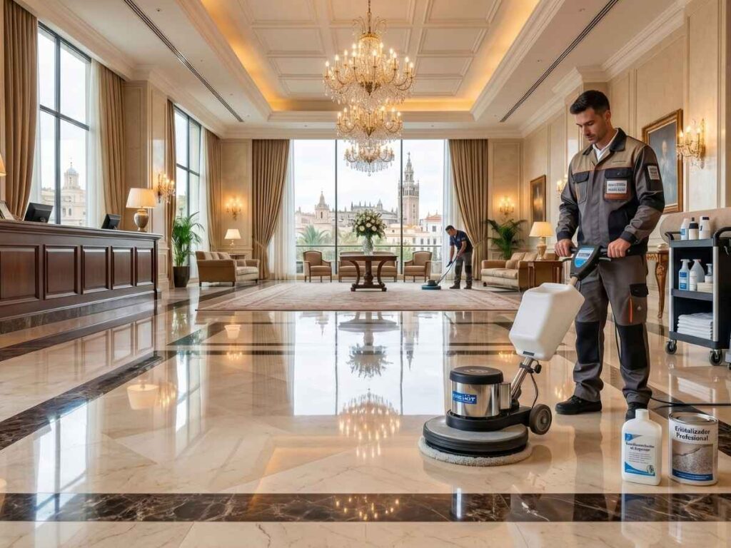 Guía Técnica Avanzada para el Cristalizado de Suelos de Mármol en Hoteles y Oficinas de Sevilla: Protocolos de Alto Rendimiento contra el Desgaste por Tráfico Intenso y Clima Estival